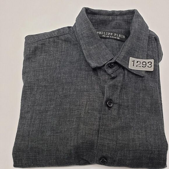 Philipp Plein Homme Shirt Mens Medium Gray Long Sleeve Button Up Textured Casual - Picture 10 of 10